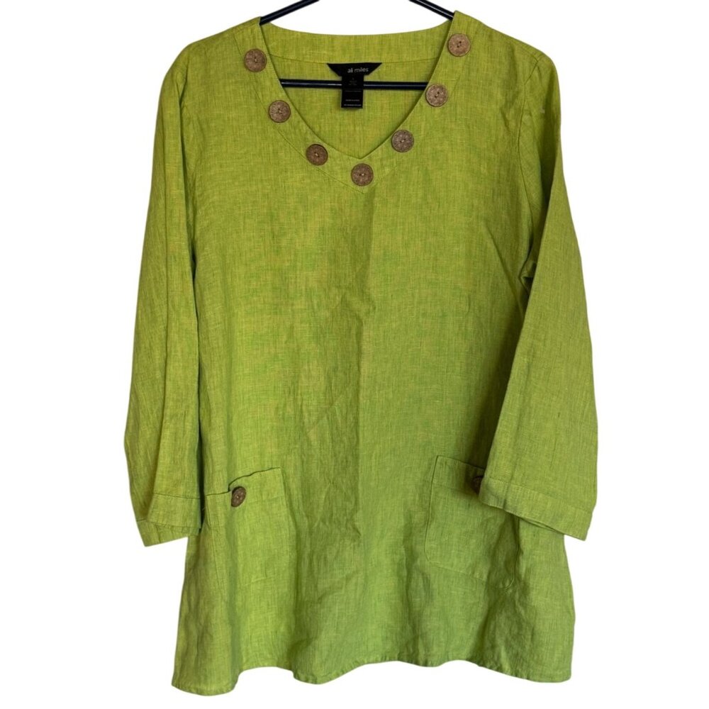 Ali Miles Sz Large Green 100% LINEN Abstract Wearable Art Blouse Shirt‎ Top /s1